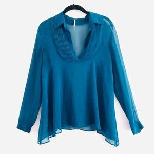 Free People Blouse XS Georgette Sheer Pleated Bib Topaz Blue Boho Chic Trendy